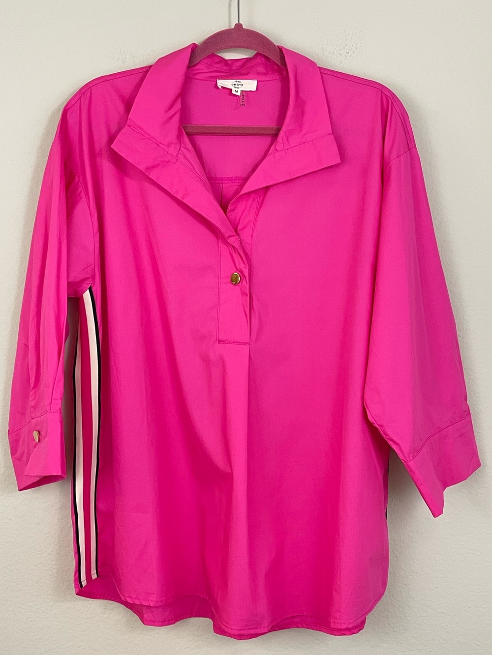 Entro Hot Pink Striped On the Sides Collared Poplin Relaxed Top Size Medium